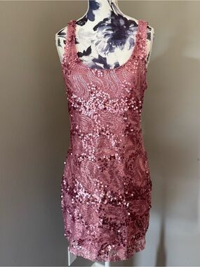 Virtuality Sequin Dress With Scoop Neckline Rose Pink Sequin Mini Dress